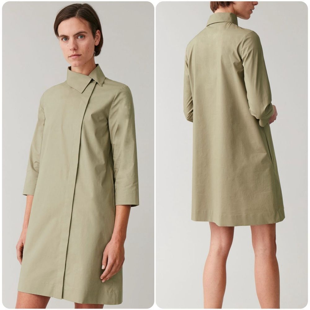 COS Asymmetric Collar Shirt Dress in Olive/Khaki | Size US 2